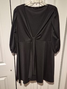 Boohoo Black Tie-Front Mini Dress with Puffed Sleeves